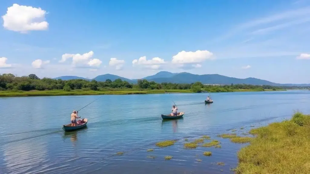 Barco em pescaria embarcada no Rio Paranaíba