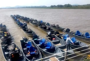 Barco de pesca esportiva navegando em rio do Pantanal