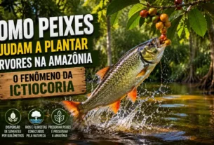 Peixe amazônico consumindo frutos em floresta alagada