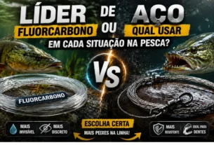 Equipamentos de pesca mostrando diferenças entre líderes de fluorcarbono e aço.