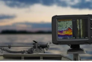 Sonar para pesca em água doce identificando peixes e estruturas submersas