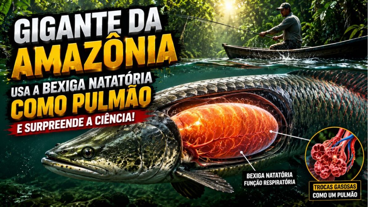 Arapaima gigas captando oxigênio atmosférico em ambiente natural da Amazônia.