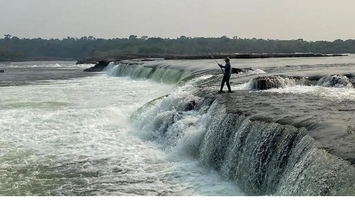 Como capturar peixes em rios com correnteza forte e mais eficiência? 1 Pescador praticando pesca esportiva em rio de correnteza forte utilizando técnicas para capturar peixes com mais eficiência.
