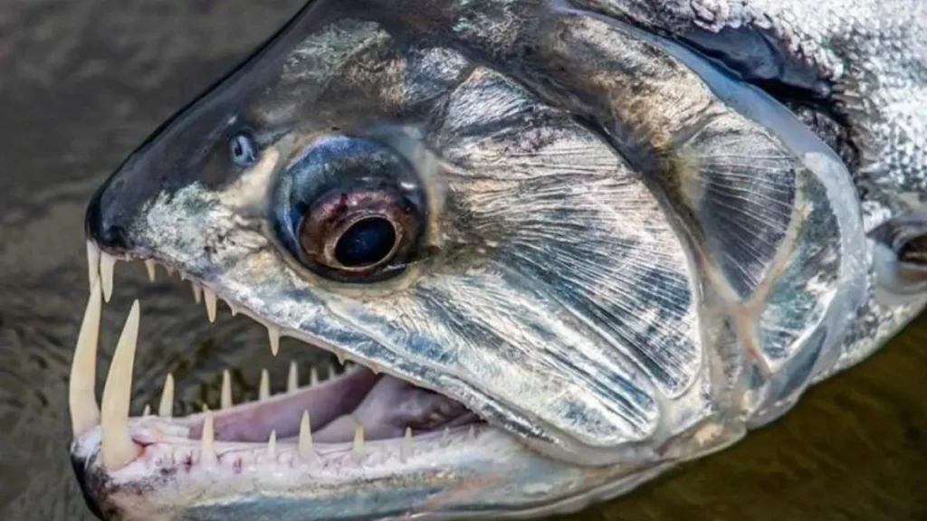 Dentes afiados característicos do peixe cachorra.