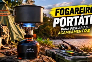Fogareiro portátil utilizado em acampamento de pesca.