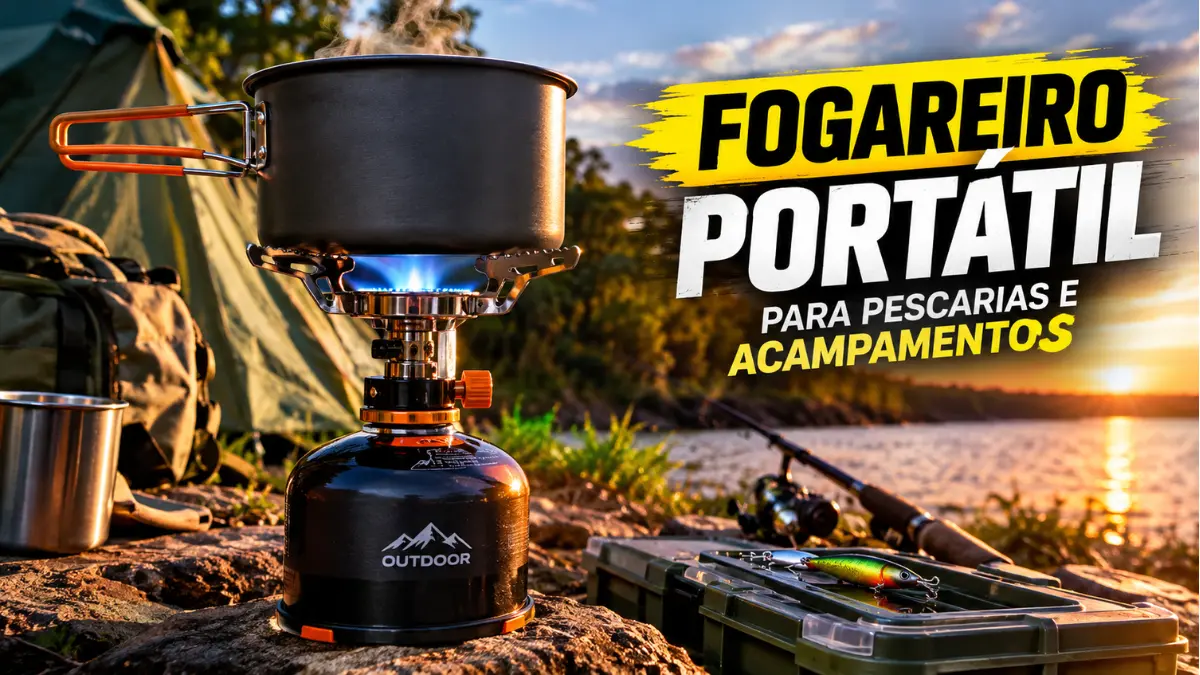 Fogareiro portátil utilizado em acampamento de pesca.