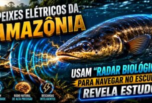 Poraquê navegando por meio de campos elétricos em rio amazônico.
