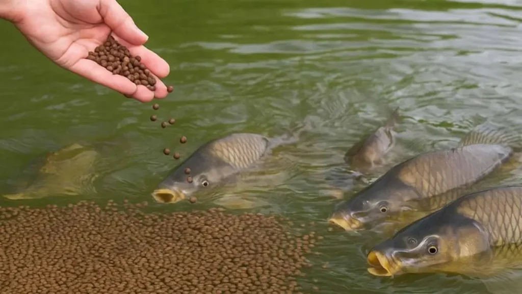Peixes de água doce alimentando-se da ceva.