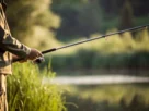 Pescador realizando arremesso longo em represa durante pesca esportiva