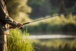 Pescador realizando arremesso longo em represa durante pesca esportiva