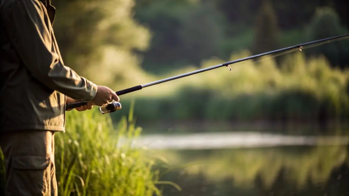 Pescador realizando arremesso longo em represa durante pesca esportiva