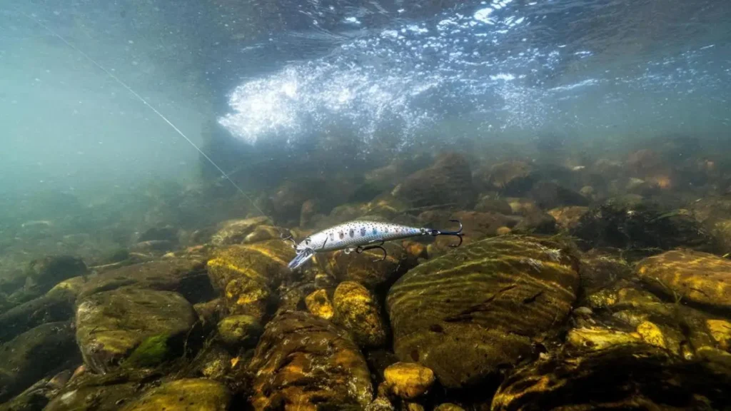 Como capturar peixes em rios com correnteza forte e mais eficiência? 4 Pescador realizando arremesso preciso com isca artificial em rio de correnteza forte para aumentar as capturas.