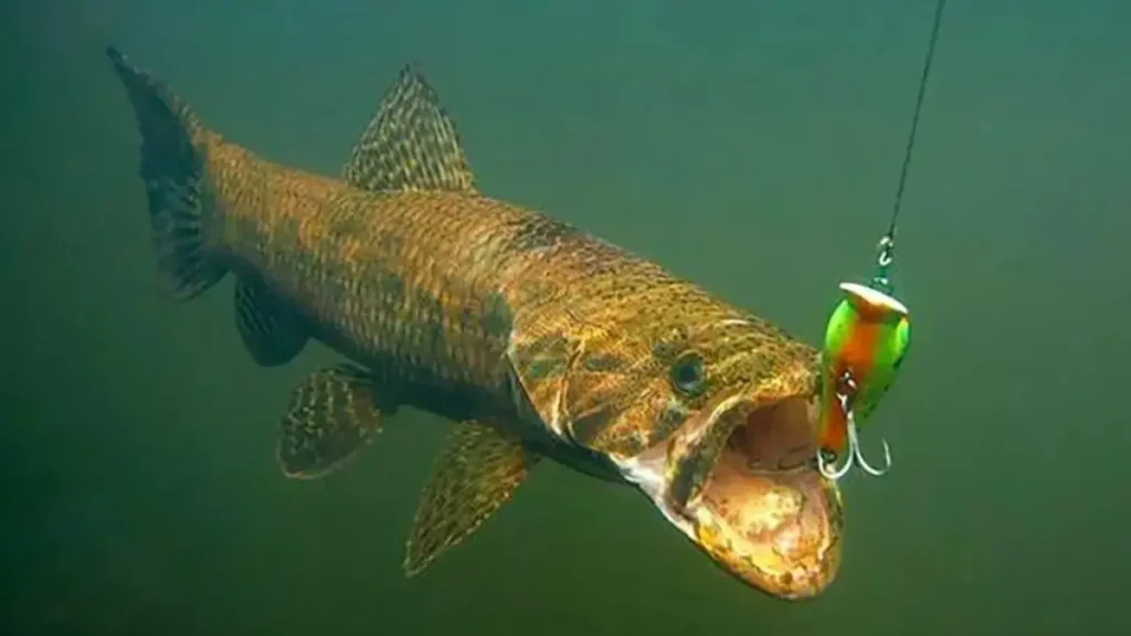 Traíra ou trairão? Descubra as diferenças e como pescar. 3 traíra atacando uma isca artificial na superfície, ilustrando o comportamento agressivo da espécie durante a pesca esportiva.