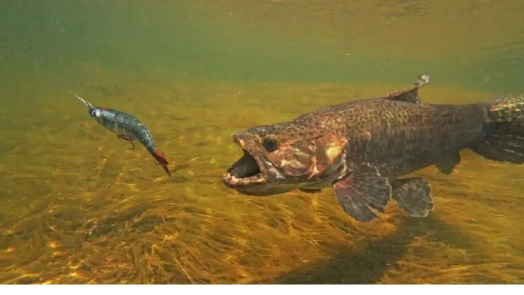 Traíra ou trairão? Descubra as diferenças e como pescar. 4 trairão amazônico atacando uma isca artificial em águas da Amazônia, evidenciando sua força e agressividade na pesca esportiva.