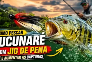 Jig de pena utilizado com sucesso na captura de tucunarés em estruturas naturais de lagos e represas.