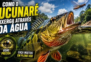 Tucunaré atacando um inseto próximo à superfície da água.