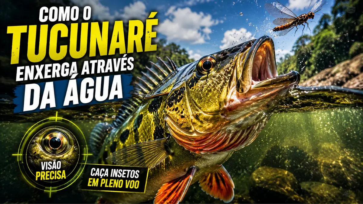 Tucunaré atacando um inseto próximo à superfície da água.