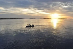 Vista aérea do Rio Negro em Barcelos, um dos principais destinos de pesca esportiva da Amazônia.