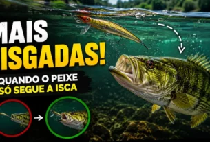 Tucunaré acompanhando uma isca artificial na água antes do ataque, comportamento comum de peixes predadores durante a pesca esportiva.