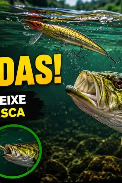 Tucunaré acompanhando uma isca artificial na água antes do ataque, comportamento comum de peixes predadores durante a pesca esportiva.
