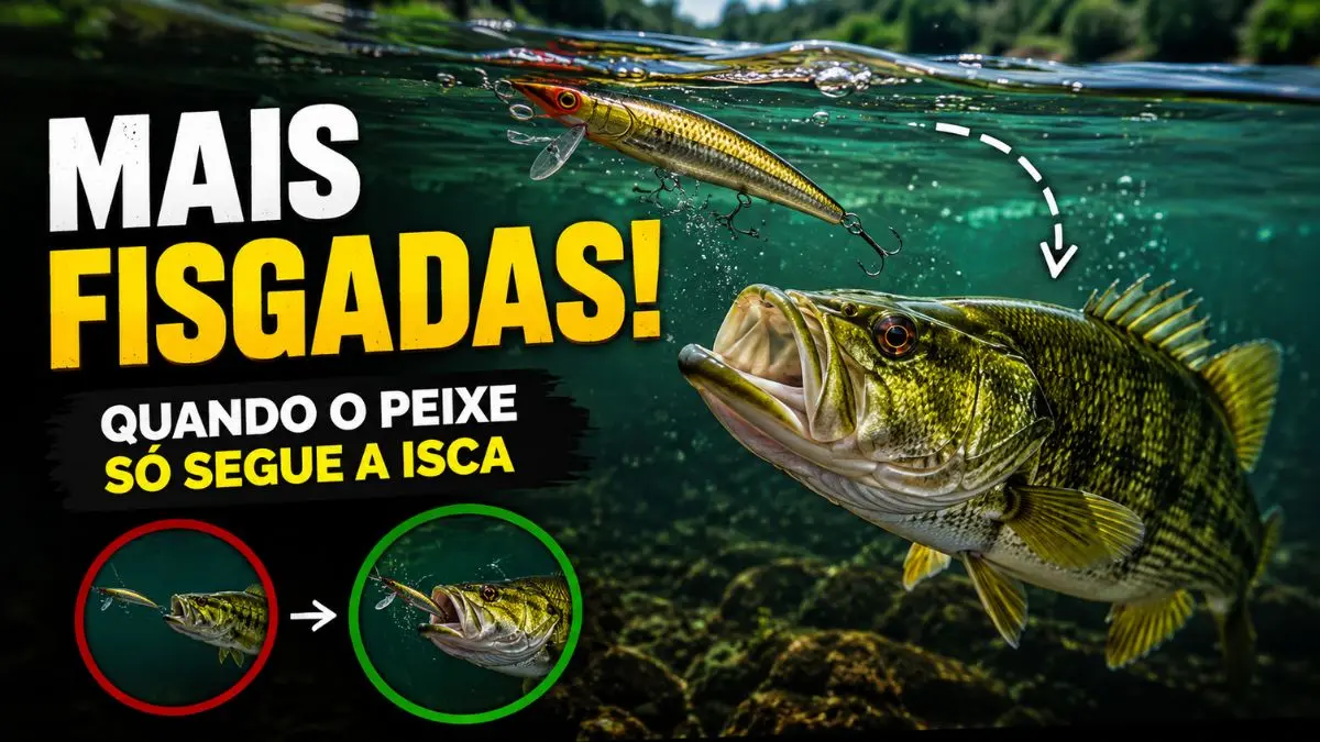 Tucunaré acompanhando uma isca artificial na água antes do ataque, comportamento comum de peixes predadores durante a pesca esportiva.