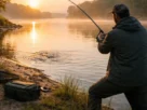 Pescador realizando aproximação silenciosa em margem de rio durante pescaria esportiva.