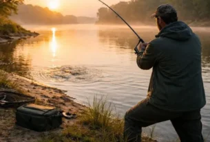 Pescador realizando aproximação silenciosa em margem de rio durante pescaria esportiva.