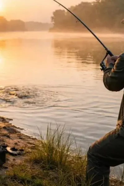 Pescador realizando aproximação silenciosa em margem de rio durante pescaria esportiva.