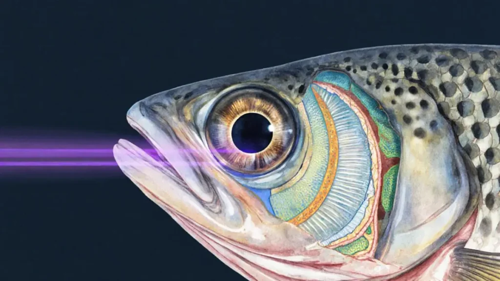 Detalhe do olho de um peixe predador, ilustrando a percepção das cores no ambiente aquático.