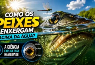 Visão subaquática mostrando como um peixe percebe objetos fora da água.