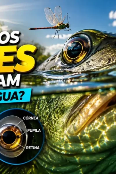 Visão subaquática mostrando como um peixe percebe objetos fora da água.