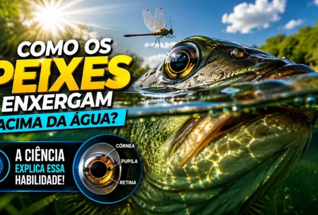 Visão subaquática mostrando como um peixe percebe objetos fora da água.