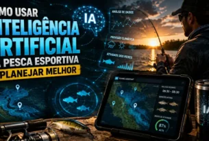 Inteligência artificial auxiliando o planejamento de uma pescaria esportiva com mapas, clima e equipamentos.