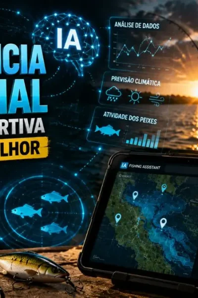 Inteligência artificial auxiliando o planejamento de uma pescaria esportiva com mapas, clima e equipamentos.