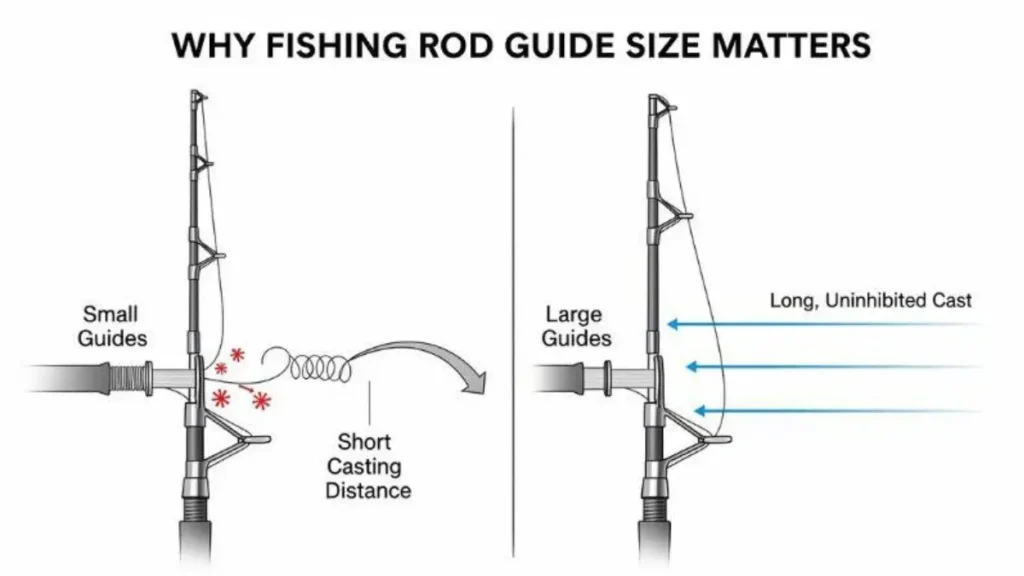 Como escolher passadores de vara de pesca e evitar erros na compra. 3 Detalhes dos componentes de um passador de vara de pesca, incluindo armação, anel e base de fixação.