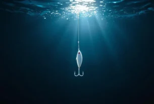 Isca artificial colorida com luminosidade, utilizada na pesca esportiva de água doce.