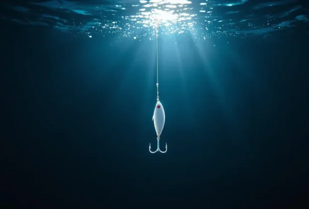 Isca artificial colorida com luminosidade, utilizada na pesca esportiva de água doce.