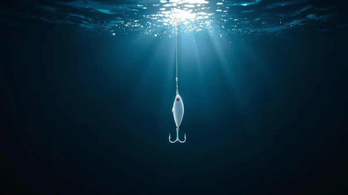 Isca artificial colorida com luminosidade, utilizada na pesca esportiva de água doce.