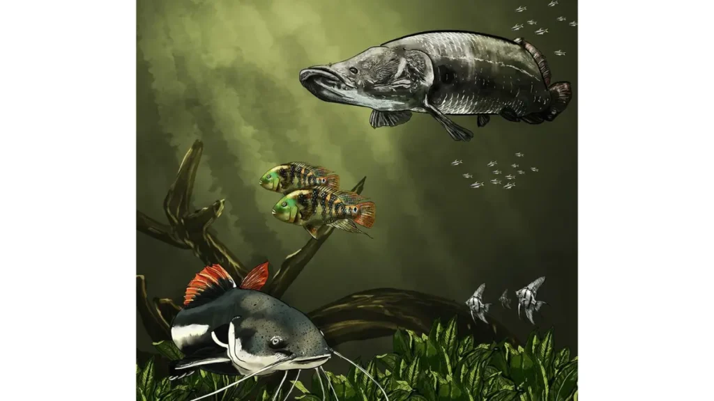 Ilustração mostrando diferentes espécies de peixes amazônicos. 