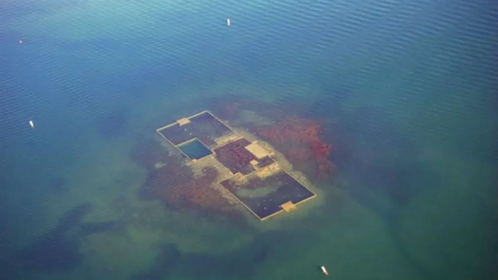 Drone identificando estruturas promissoras em um lago para pesca esportiva. 