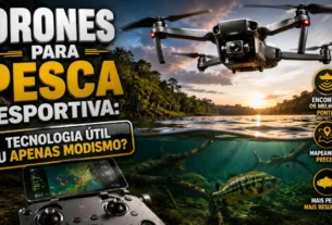 • Vista aérea de drone auxiliando no planejamento de uma pescaria.