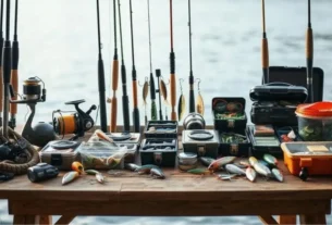 Equipamentos de pesca esportiva organizados sobre bancada, mostrando vara, carretilha, molinete, linhas, iscas e acessórios para montagem de um conjunto equilibrado.