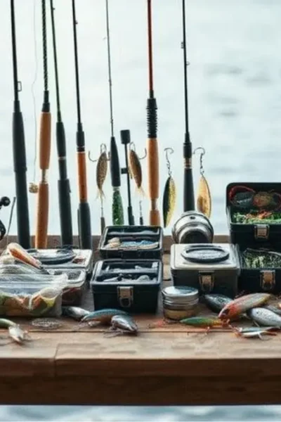 Equipamentos de pesca esportiva organizados sobre bancada, mostrando vara, carretilha, molinete, linhas, iscas e acessórios para montagem de um conjunto equilibrado.