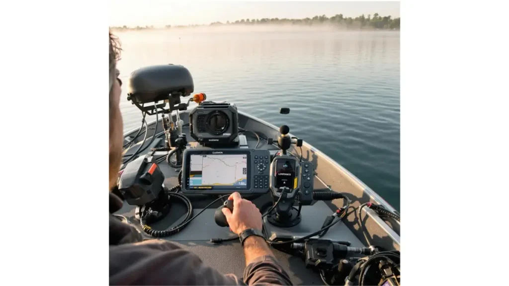 Embarcação utilizando GPS, para auxiliar a navegação durante pescaria esportiva. 