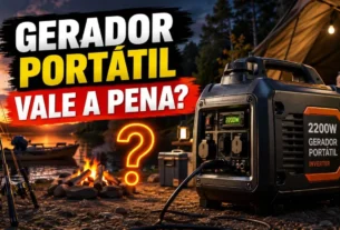 Acampamento de pesca equipado com gerador portátil silencioso à margem de um lago.