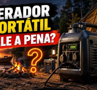 Acampamento de pesca equipado com gerador portátil silencioso à margem de um lago.