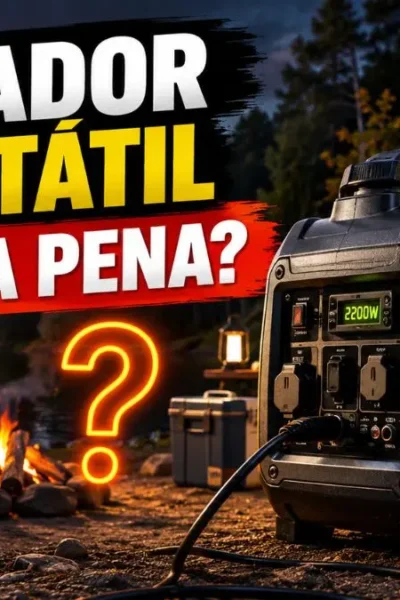 Acampamento de pesca equipado com gerador portátil silencioso à margem de um lago.