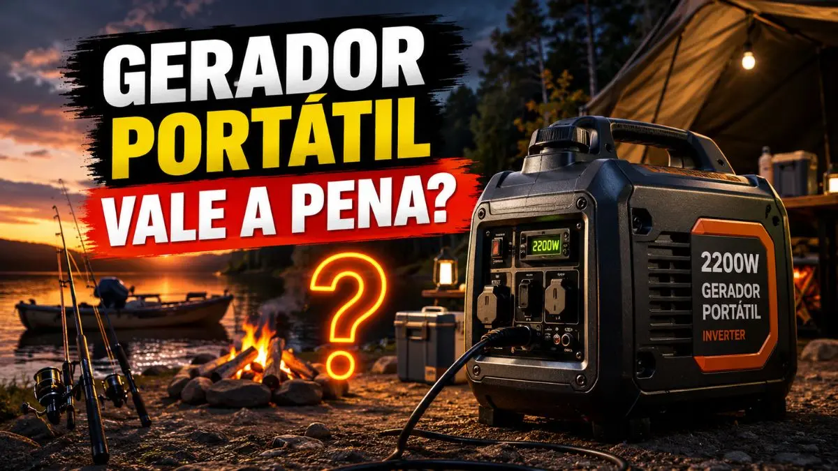Gerador portátil para acampamentos de pesca: vale a pena mesmo? 1 Acampamento de pesca equipado com gerador portátil silencioso à margem de um lago.