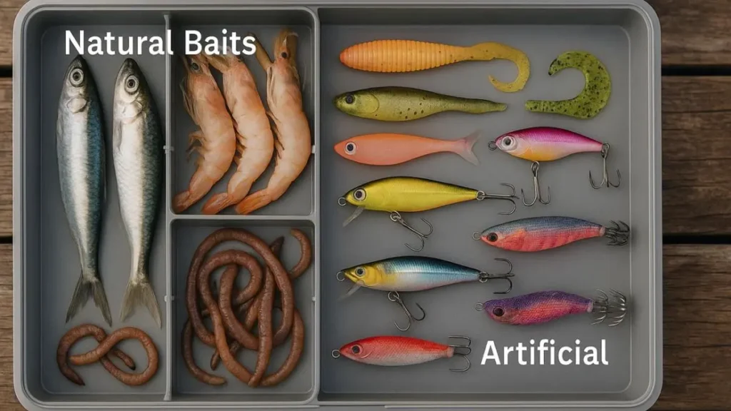 Comparação entre isca natural e isca artificial para pesca em água doce.