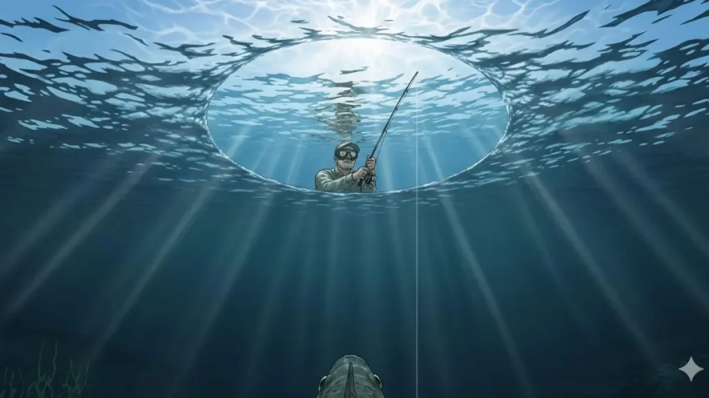 Representação da área visível acima da superfície para um peixe submerso. 